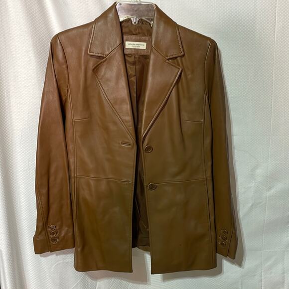 Valerie Stevens S cognac colored butter soft 2 button all leather blazer euc - Picture 1 of 13